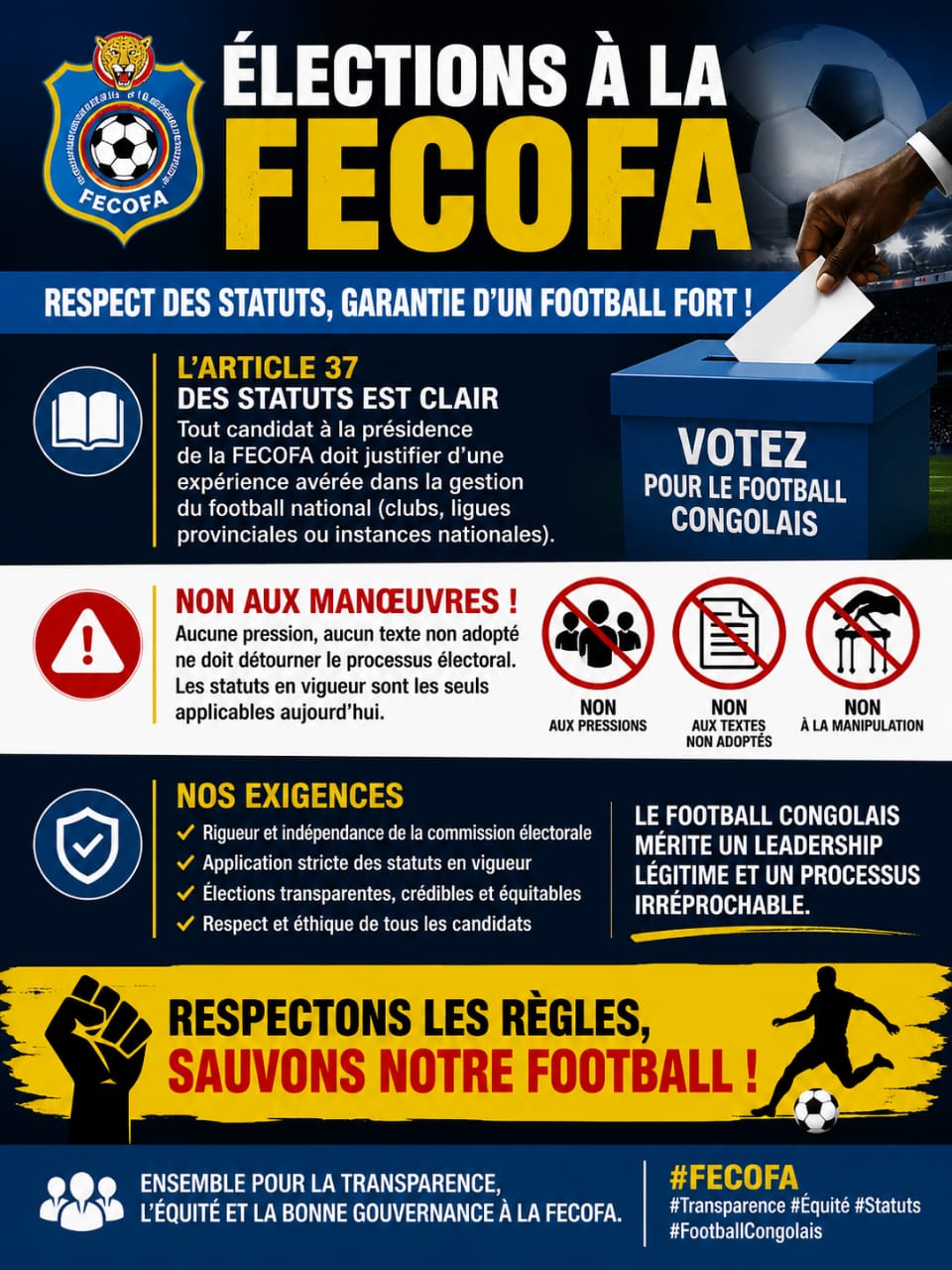 Élections à la FECOFA : l’article 37 au cœur d’un combat pour la crédibilité du scrutin